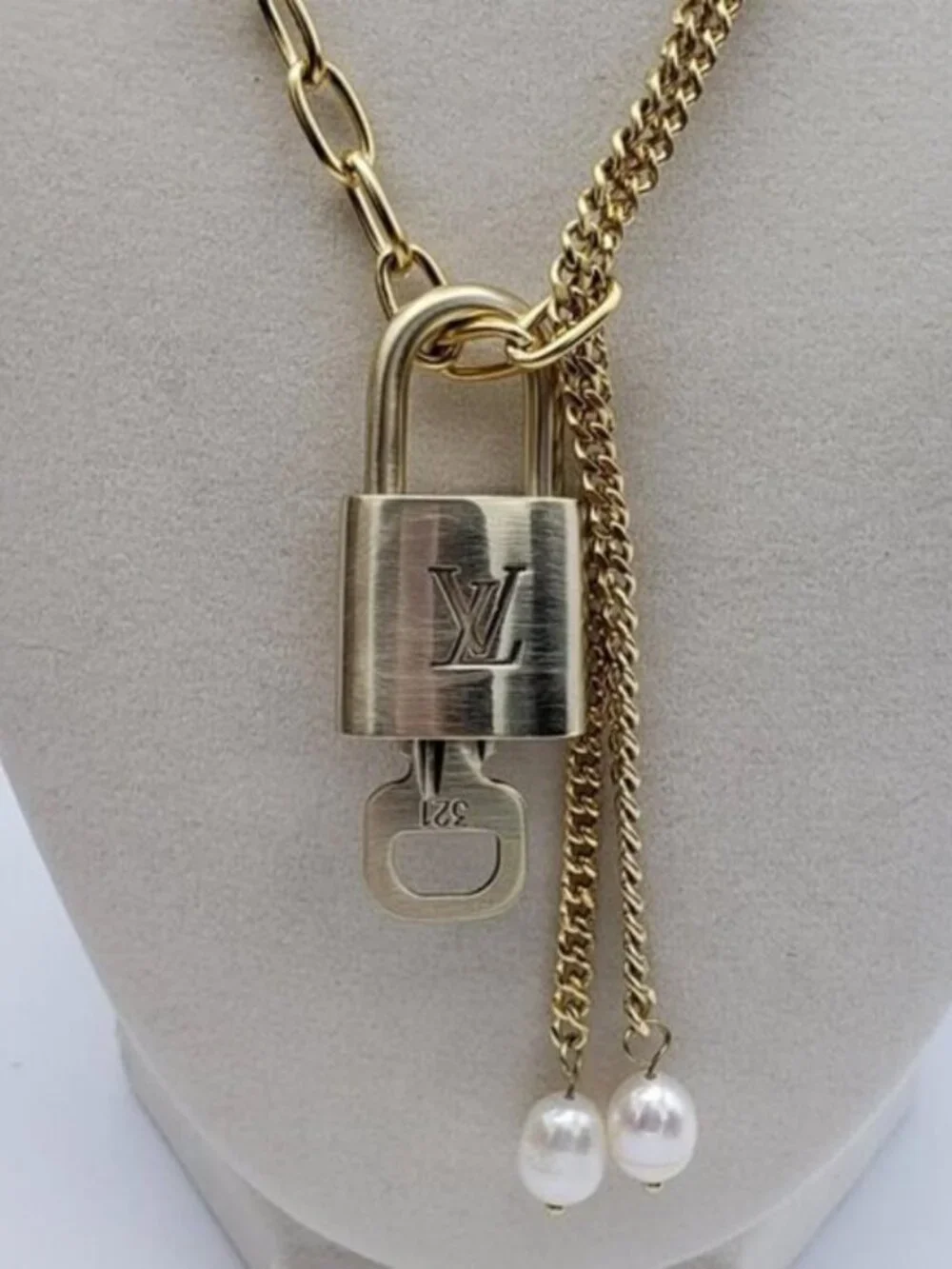 Stainless Steel Gold-Plated Necklace with Authentic Louis Vuitton Padlock